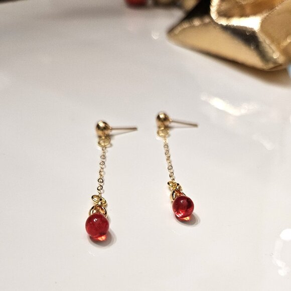 Dainty Red Smooth Teardrop Crystal Earrings with 14K Gold-Fill - Picture 2 of 4